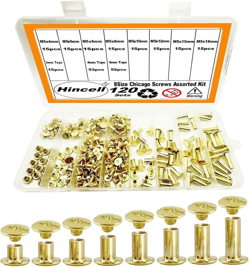 Hincell 120sets Chicago Screws Kit, 8 Sizes Screw Rivets Golden Chicago Binding Screws for DIY Repair Leather Craft Belt Bag Shoes Purse Bookbinding (M5*4,5,6,8,10,12,15,18) (Golden) - Image 1